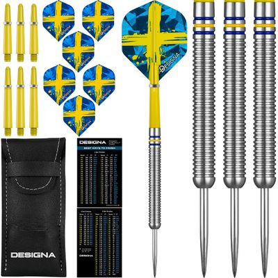 Dartfellas 22g 90% Tungsten Flag of Sweden Patriot X Steel Tip Dart Set, Flights & Shafts Included (2 Sets Each), w/Travel Case, 22 Grams