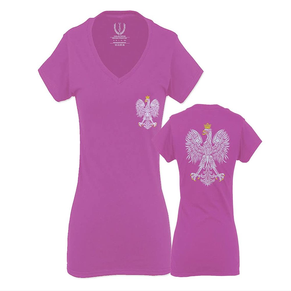 0083. Poland Pride Vintage Style Retro Polish Eagle Flag Polska Soccer for Women V Neck Fitted T Shirt (Pink X Small)