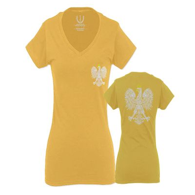 0083. Poland Pride Vintage Style Retro Polish Eagle Flag Polska Soccer for Women V Neck Fitted T Shirt (Gold Small)