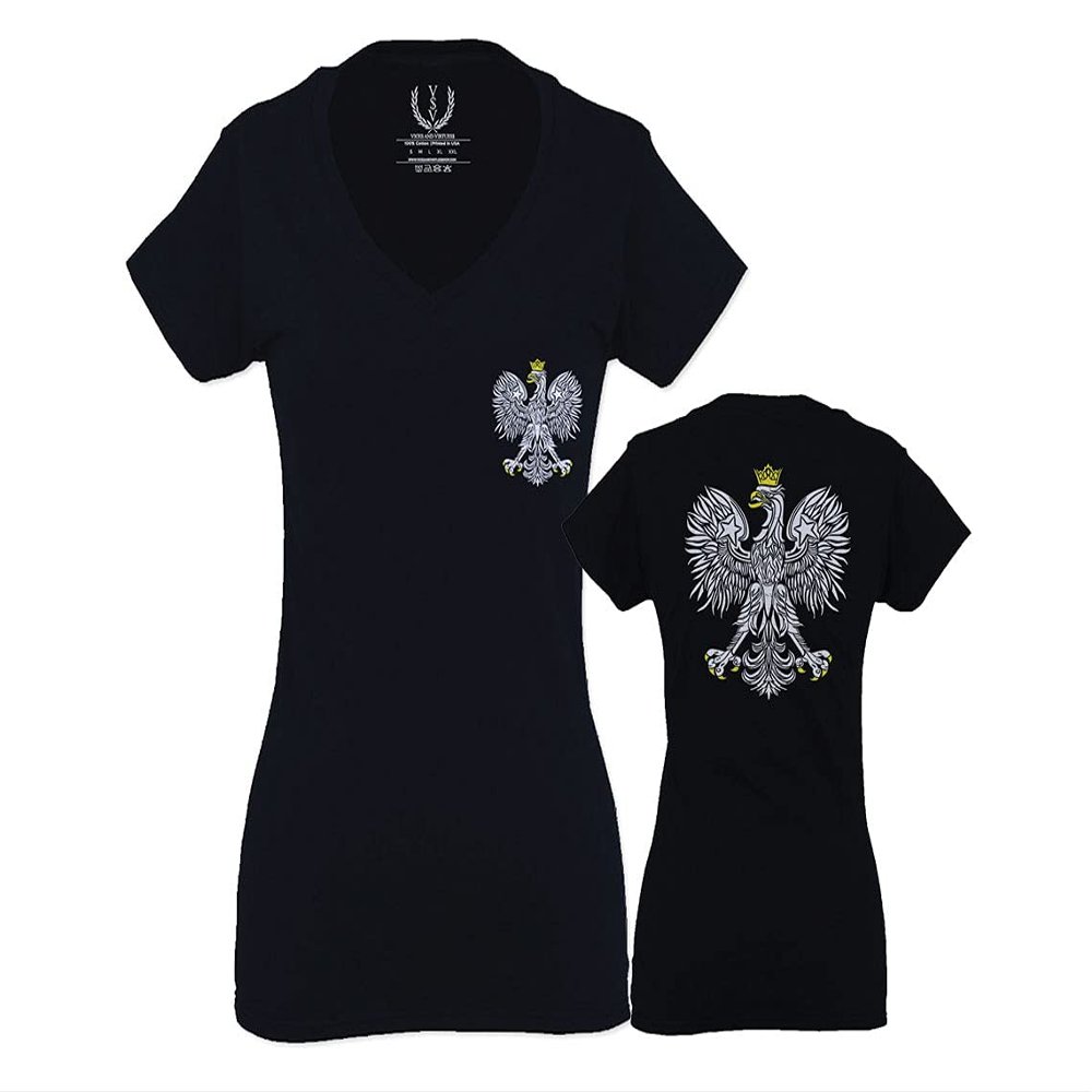 0083. Poland Pride Vintage Style Retro Polish Eagle Flag Polska Soccer for Women V Neck Fitted T Shirt (Black, X Small)