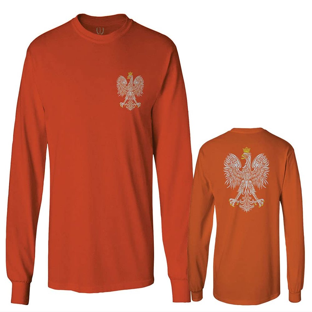 0083. Poland Pride Vintage Style Retro Polish Eagle Flag Polska Soccer Men's Long Sleeve t Shirt (Orange X-Large)