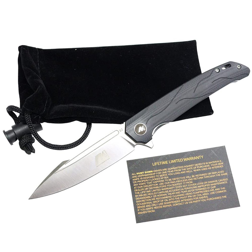 HUNT-DOWN 8" Stain Finised Blade Ball Bearing Folding Knife G10 Handle With Box
