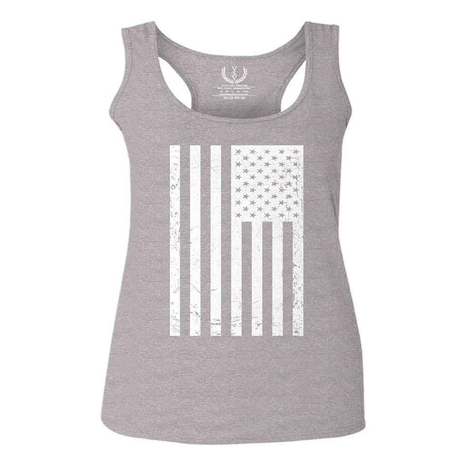 0093. Vintage White American Flag United States America USA Military Patriotic Style Women's Tank Top Racerback (Light Gray X Small)