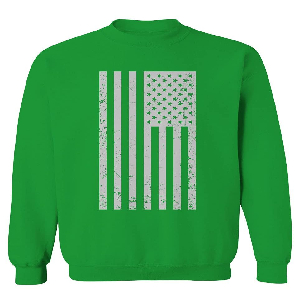 0093. Vintage White American Flag United States America USA Military Patriotic Style Men's Crewneck Sweatshirt (Irish Green Large)
