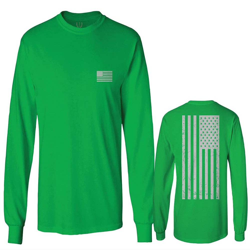 0092. White Vintage American Flag United States America USA us Military Patriotic Men's Long Sleeve t Shirt (Irish Green Small)