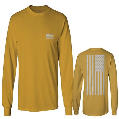 0092. White Vintage American Flag United States America USA us Military Patriotic Men's Long Sleeve t Shirt (Gold Medium)