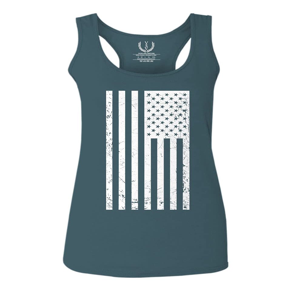 0093. Vintage White American Flag United States America USA Military Patriotic Style Women's Tank Top Racerback (Indigo Blue Large)