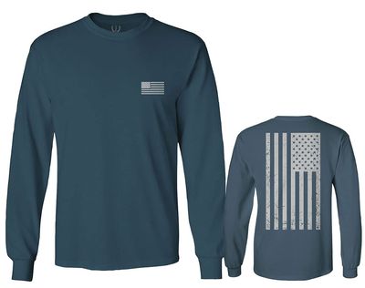 0092. White Vintage American Flag United States America USA us Military Patriotic Men's Long Sleeve t Shirt (Indigo Blue 2X Large)