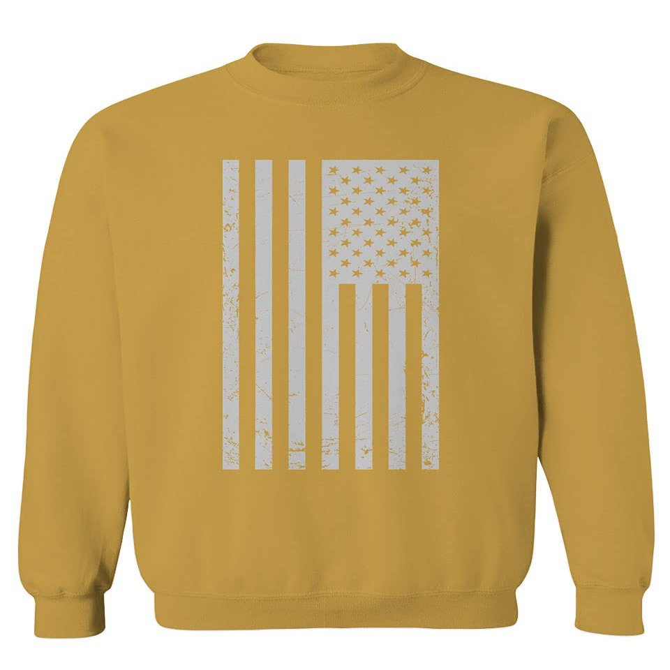 0093. Vintage White American Flag United States America USA Military Patriotic Style Men's Crewneck Sweatshirt (Gold Small)