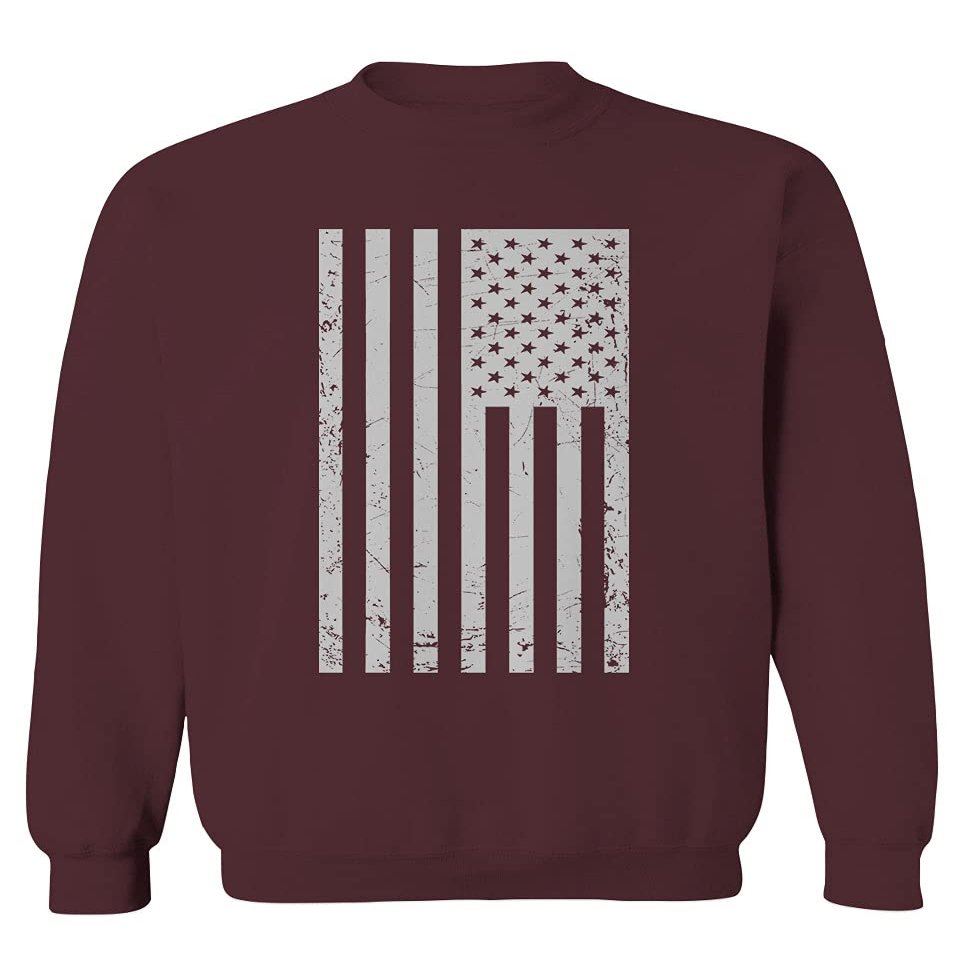 0093. Vintage White American Flag United States America USA Military Patriotic Style Men's Crewneck Sweatshirt (Maroon Small)