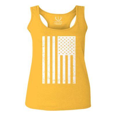 0093. Vintage White American Flag United States America USA Military Patriotic Style Women's Tank Top Racerback (Gold Medium)