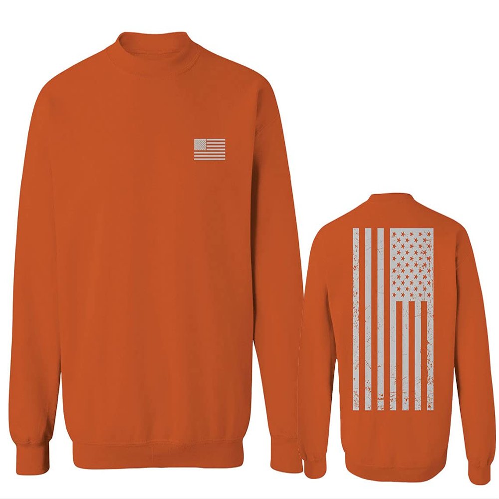 0092. White Vintage American Flag United States America USA us Military Patriotic Men's Crewneck Sweatshirt (Orange Large)