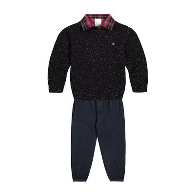Calvin Klein Boys' 3-piece Sweater Set With Matching Button-down Shirt and Pants, Deep Black, 5