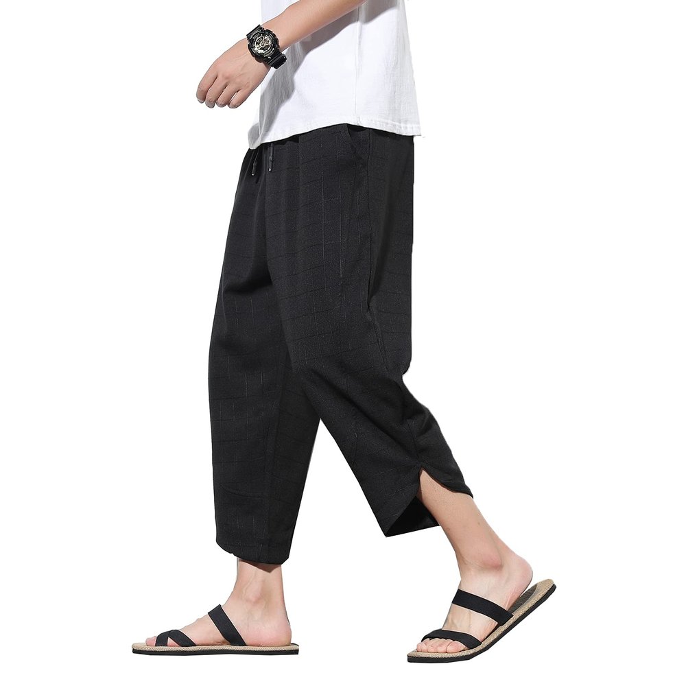DOSLAVIDA Men's Casual Elastic Waist Linen Capri Pants Wide Leg Baggy Cotton Harem Yoga Trousers Loose Patchwork Shorts
