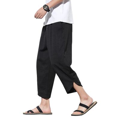 DOSLAVIDA Men's Casual Elastic Waist Linen Capri Pants Wide Leg Baggy Cotton Harem Yoga Trousers Loose Patchwork Shorts