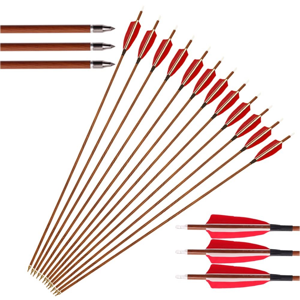 OBTOUTDOOR 12pcs Professional Archery Arrows Hunting Carbon Arrows 31" Spine 400/500 with 4" Red White Real Feathers Fletching for Recurve Bow/Compound Bow (Spine 400)