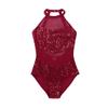 Yeeye Nikiikoo Women's Turtleneck Sleeveless Mesh Splice Zipper Ballet Dancewear Leotard Gymnastics Bodysuit Sequins Burgundy Large view 4