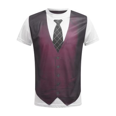 renvena Mens 3D Printed Vest & Tie Tuxedo T Shirt Round Neck Short Sleeve Tux Shirt Burgundy Small
