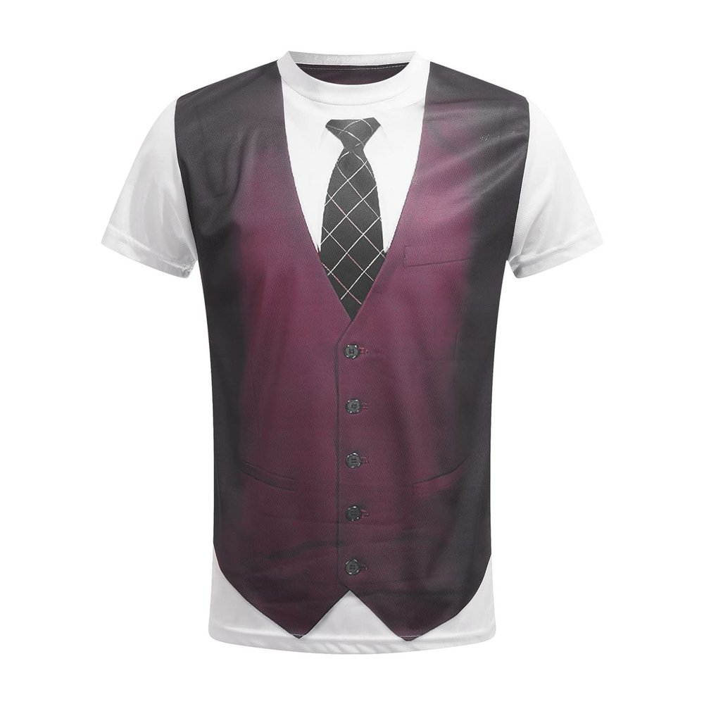 renvena Mens 3D Printed Vest & Tie Tuxedo T Shirt Round Neck Short Sleeve Tux Shirt Burgundy Small
