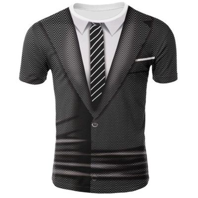 renvena Mens 3D Printed Vest & Tie Tuxedo T Shirt Round Neck Short Sleeve Tux Shirt Dark Gray Small