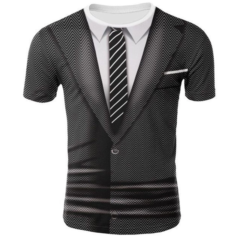 renvena Mens 3D Printed Vest & Tie Tuxedo T Shirt Round Neck Short Sleeve Tux Shirt Dark Gray Small