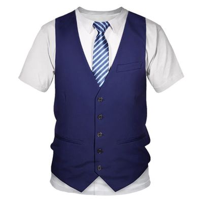 renvena Mens 3D Printed Vest & Tie Tuxedo T Shirt Round Neck Short Sleeve Tux Shirt Blue Large