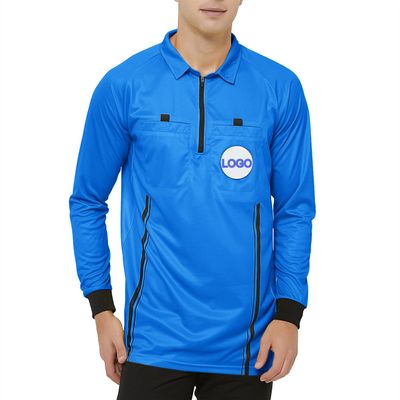 TopTie Embroidered Official Soccer Patch Pocket Referee Jersey, Custom USSF Long Sleeve Pro Ref Shirt-Blue-S