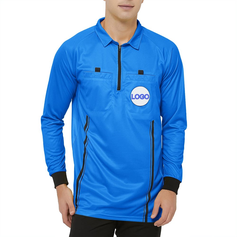 TopTie Embroidered Official Soccer Patch Pocket Referee Jersey, Custom USSF Long Sleeve Pro Ref Shirt-Blue-S