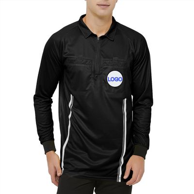 TopTie Embroidered Official Soccer Patch Pocket Referee Jersey, Custom USSF Long Sleeve Pro Ref Shirt-Black-XS