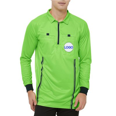 TopTie Embroidered Official Soccer Patch Pocket Referee Jersey, Custom USSF Long Sleeve Pro Ref Shirt-Green-2XL