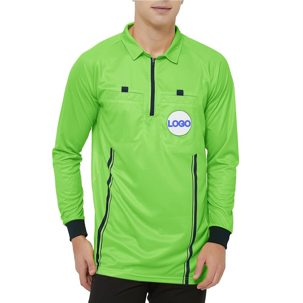 TopTie Embroidered Official Soccer Patch Pocket Referee Jersey, Custom USSF Long Sleeve Pro Ref Shirt-Green-2XL