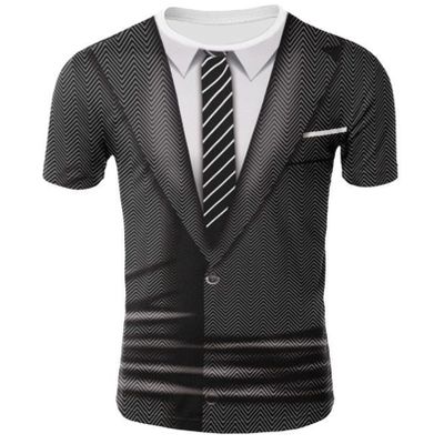 YONGHS Mens Fake Tuxedo T-Shirt Short Sleeve Printed Vest Tie Tux Shirt Fancy Dress Costume Shirt Dark Gray Large
