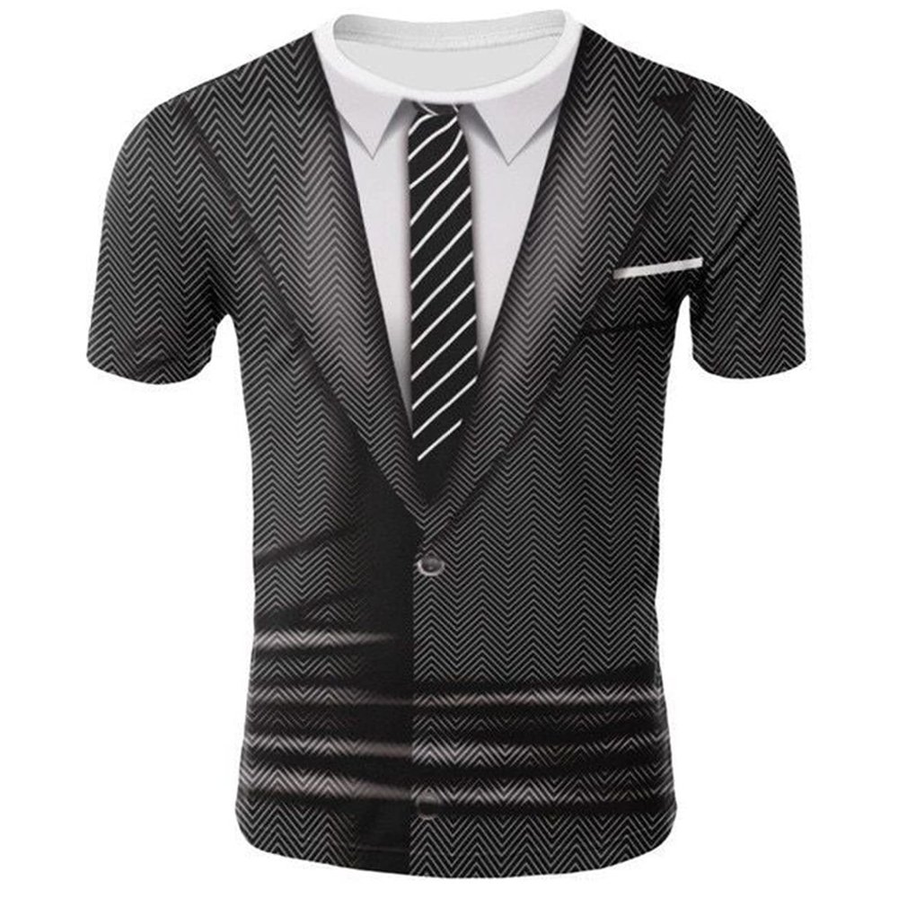 YONGHS Mens Fake Tuxedo T-Shirt Short Sleeve Printed Vest Tie Tux Shirt Fancy Dress Costume Shirt Dark Gray Large