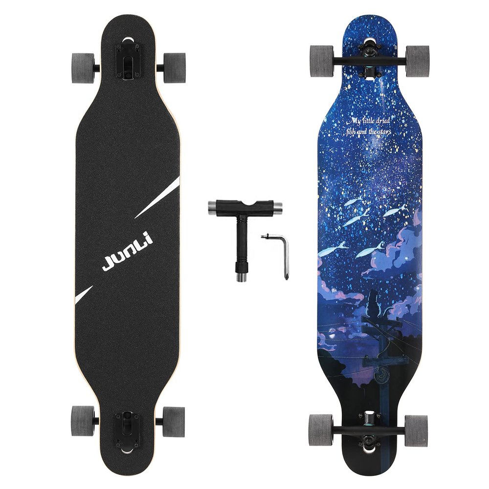 Junli 41 Inch Freeride Skateboard Longboard - Complete Skateboard Cruiser for Cruising, Carving, Free-Style and Downhill Blue Fly Fish
