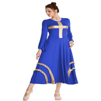 MYRISAM Women Praise Cross Dance Robe Worship Dress Bell Sleeve Metallic Ruffles Lyrical Liturgical Wide Swing Praisewear Royal Blue M