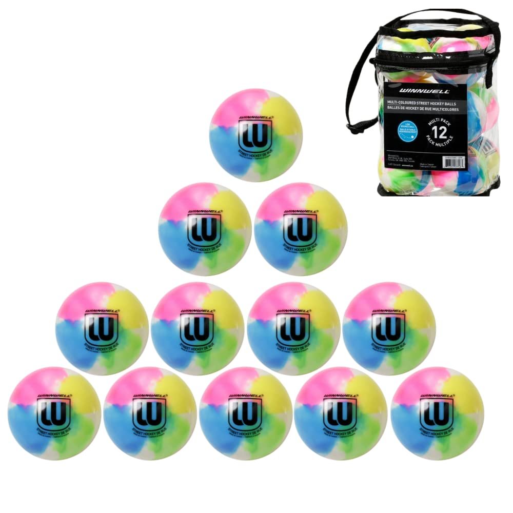 Winnwell Street Hockey Balls Medium Density Ball for Indoor & Outdoor - Made for for Field, Road & Street Hockey Games with Storage Bag - 65mm & 50 Gram Weight (Multi Colour)