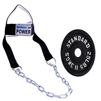 Ader Head Neck Harness Set w/ 25lb Olympic Plate for Weight Training - Neck Exercise Equipment for Neck Workout- Adjustable Heavy Duty Padded Nylon Head Harness with Steel Chain and Double D Rings