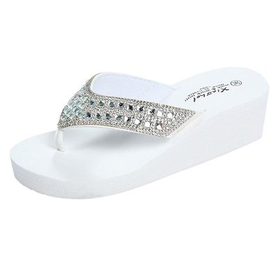 Saohuo Rhinestones Wedges Flip Flops for Women Bohemia Casual Beach Platform Shoes Summer Fashion Slippers, White, 6