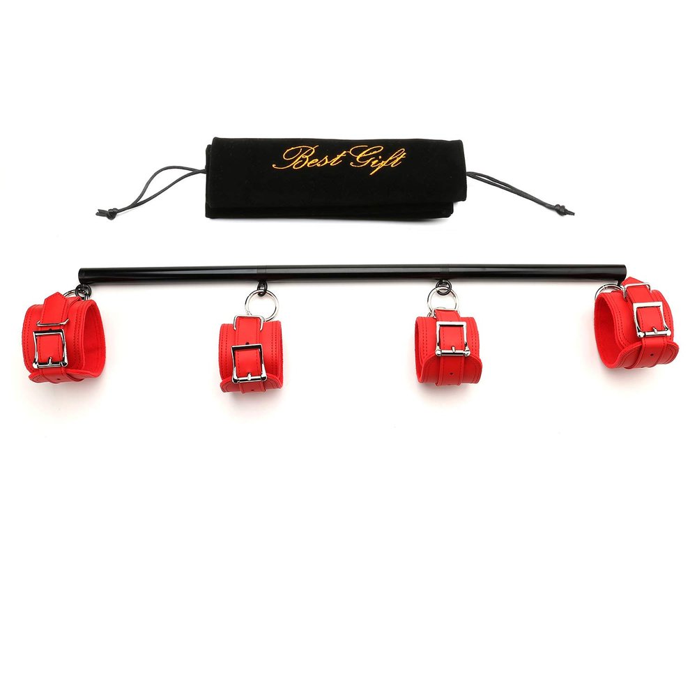 Tighten Black Adjustable Pilates Spreader Bar Set with 4 Fur Red Straps Kit Sports Aid Training Yoga Fitness Gear with Fur Flocking Storage Bag