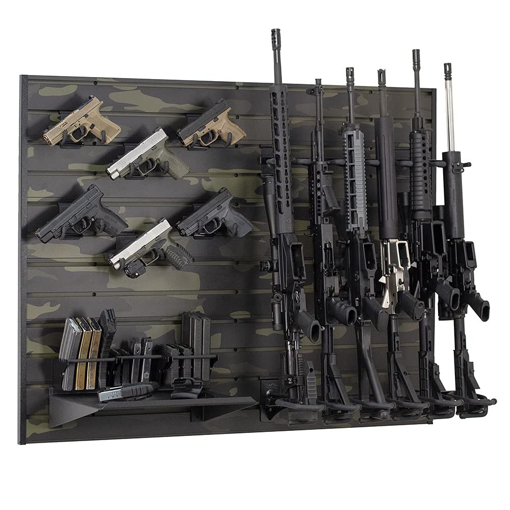 Hold Up Displays 12 Gun Rack for 6 Rifles and 6 Pistols Modern Tactical Black Cam Multi Use Slatwall Display System Modular Assembly- HD100-BC