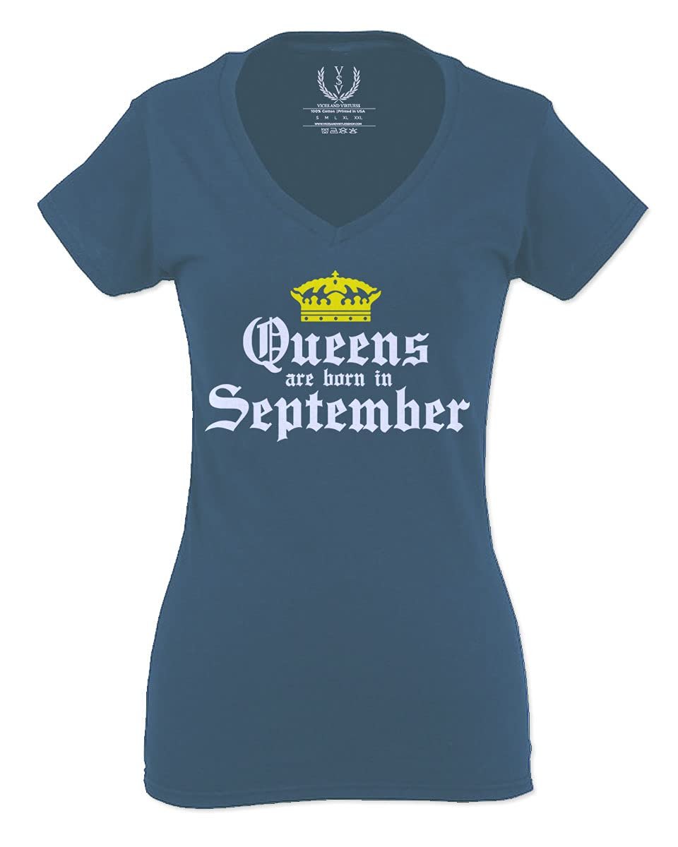 0107. It's is My Birthday Gift Queens are Born in September 20th 30th 40th 50th for Women V Neck Fitted T Shirt (Indigo Blue X Small)