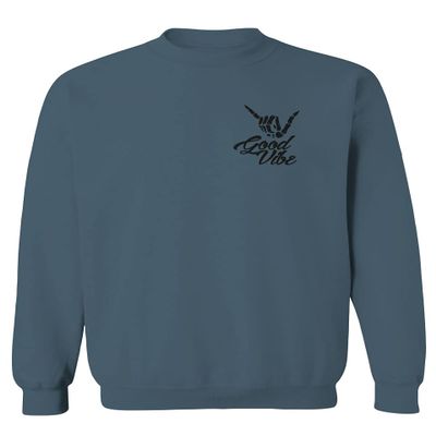 0115. Skeleton Shaka Good Vibes Graphic Vintage Surf Bones Hand Men's Crewneck Sweatshirt (Indigo Blue X-Large)