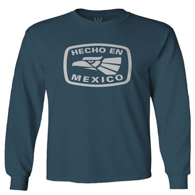 0114. Hecho en Mexico Logo 5 de Mayo Viva Mexican Republic Mexicano Men's Long Sleeve t Shirt (Indigo Blue 2X Large)