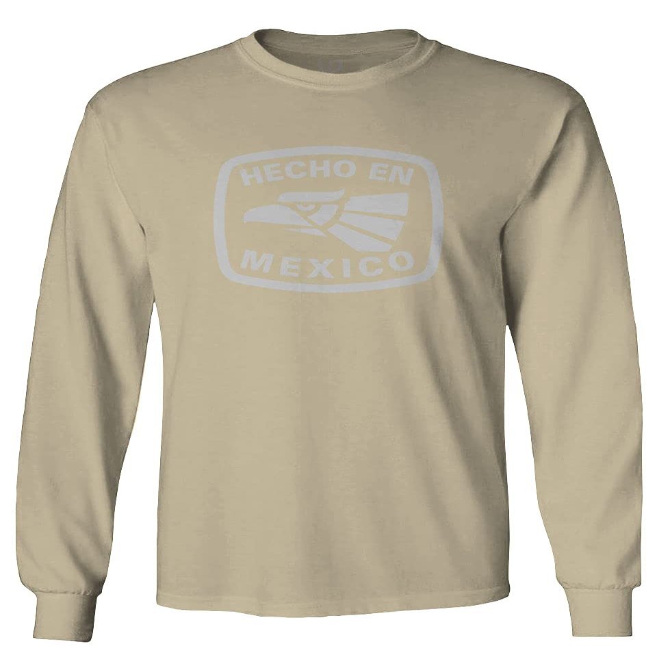 0114. Hecho en Mexico Logo 5 de Mayo Viva Mexican Republic Mexicano Men's Long Sleeve t Shirt (Beige X-Large)