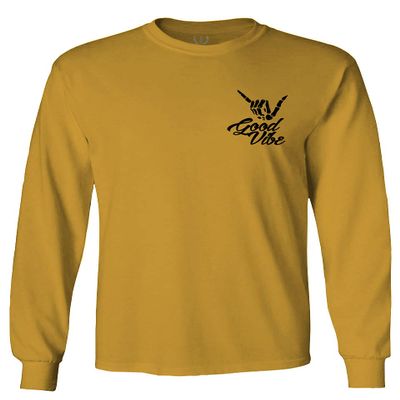 0115. Skeleton Shaka Good Vibes Graphic Vintage Surf Bones Hand Men's Long Sleeve t Shirt (Gold X-Large)