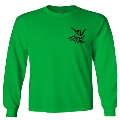 0115. Skeleton Shaka Good Vibes Graphic Vintage Surf Bones Hand Men's Long Sleeve t Shirt (Irish Green 2X Large)