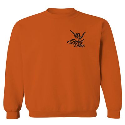 0115. Skeleton Shaka Good Vibes Graphic Vintage Surf Bones Hand Men's Crewneck Sweatshirt (Orange Medium)