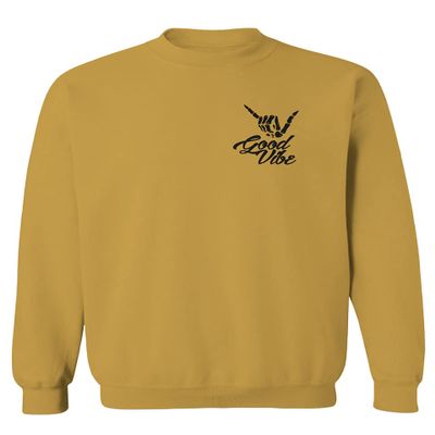 0115. Skeleton Shaka Good Vibes Graphic Vintage Surf Bones Hand Men's Crewneck Sweatshirt (Gold Small)