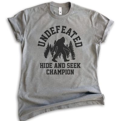Undefeated Hide and Seek Champion Shirt - Bigfoot & Yeti Squatch Tee, Heather Gray, Unisex, X-Small
