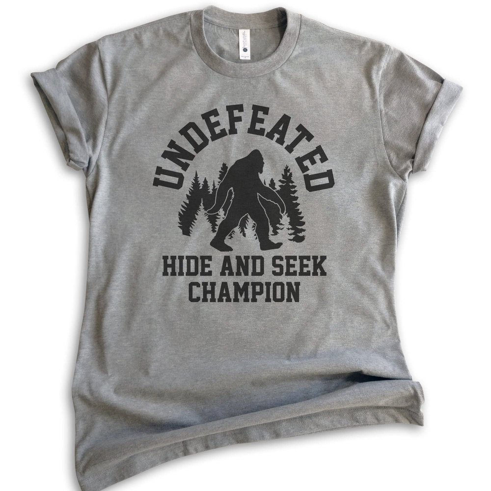 Undefeated Hide and Seek Champion Shirt - Bigfoot & Yeti Squatch Tee, Heather Gray, Unisex, X-Small